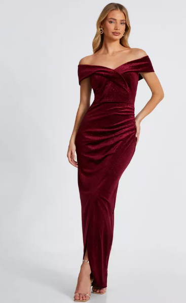 Dark Red Velvet Bardot Maxi Dress